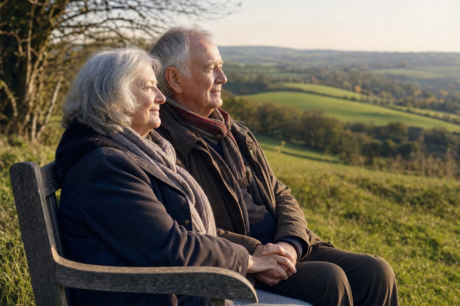 An older couple sitting on a bench looking out over green hills