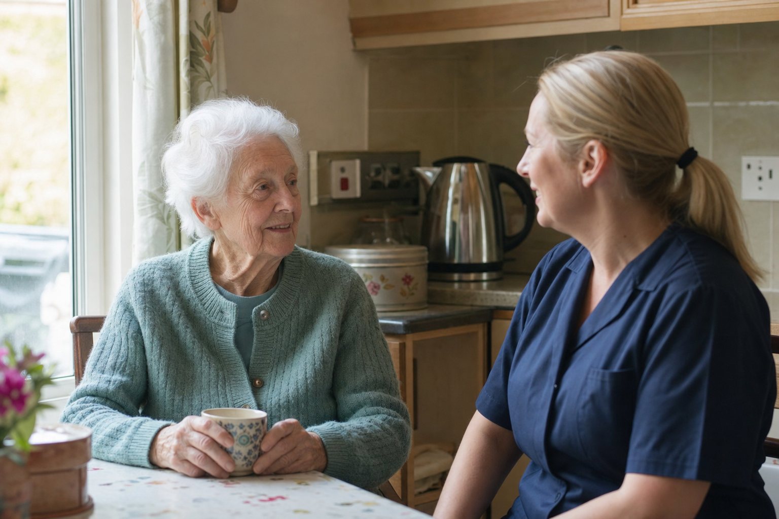 A carer chatting with an older woman over a cup of tea in her kitchen